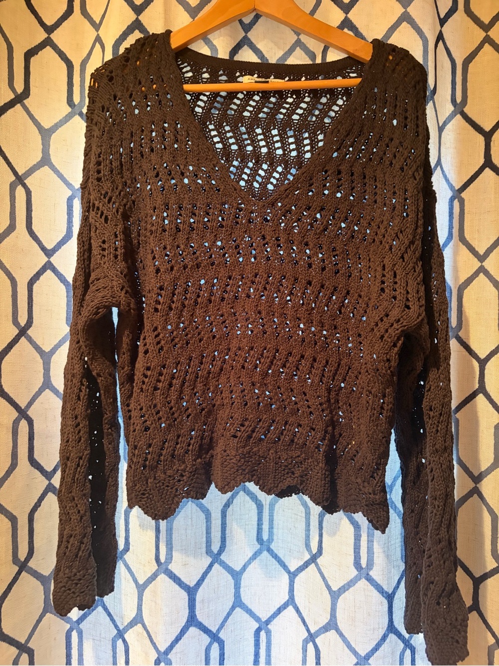 American Eagle Outfitters Chocolate Brown Open-Weave V-Neck Sweater